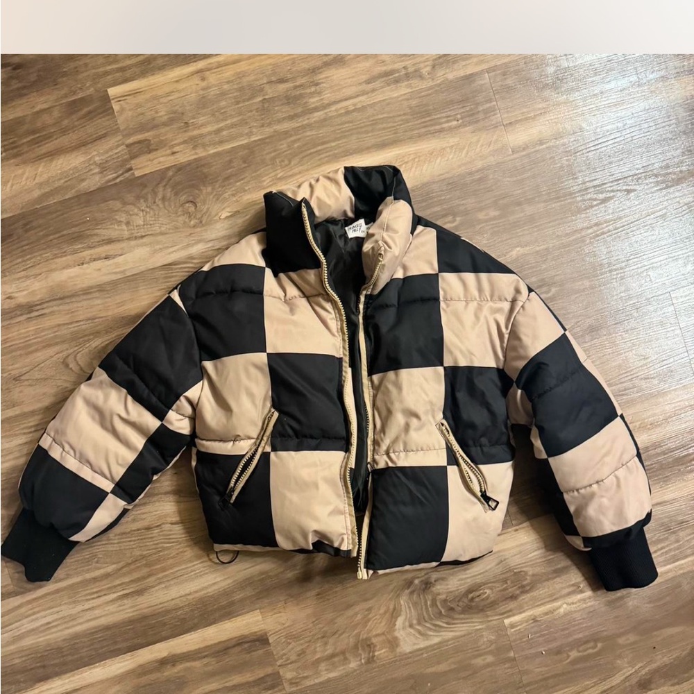 Checkered Black and Tan Puffer Jacket